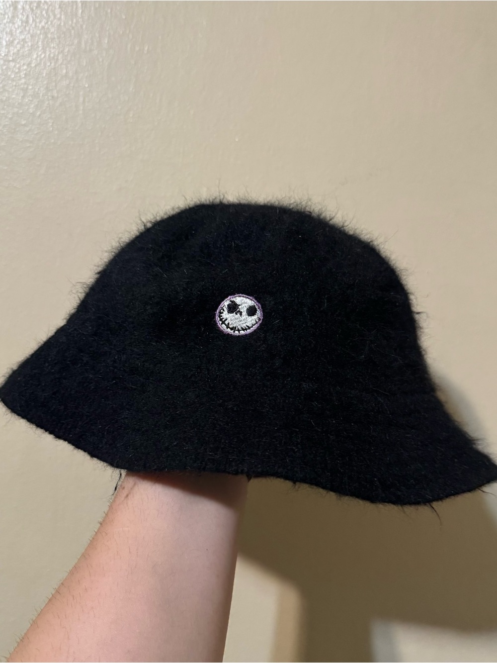 Disney Black Fuzzy Bucket Hat with Jack Skellington Patch